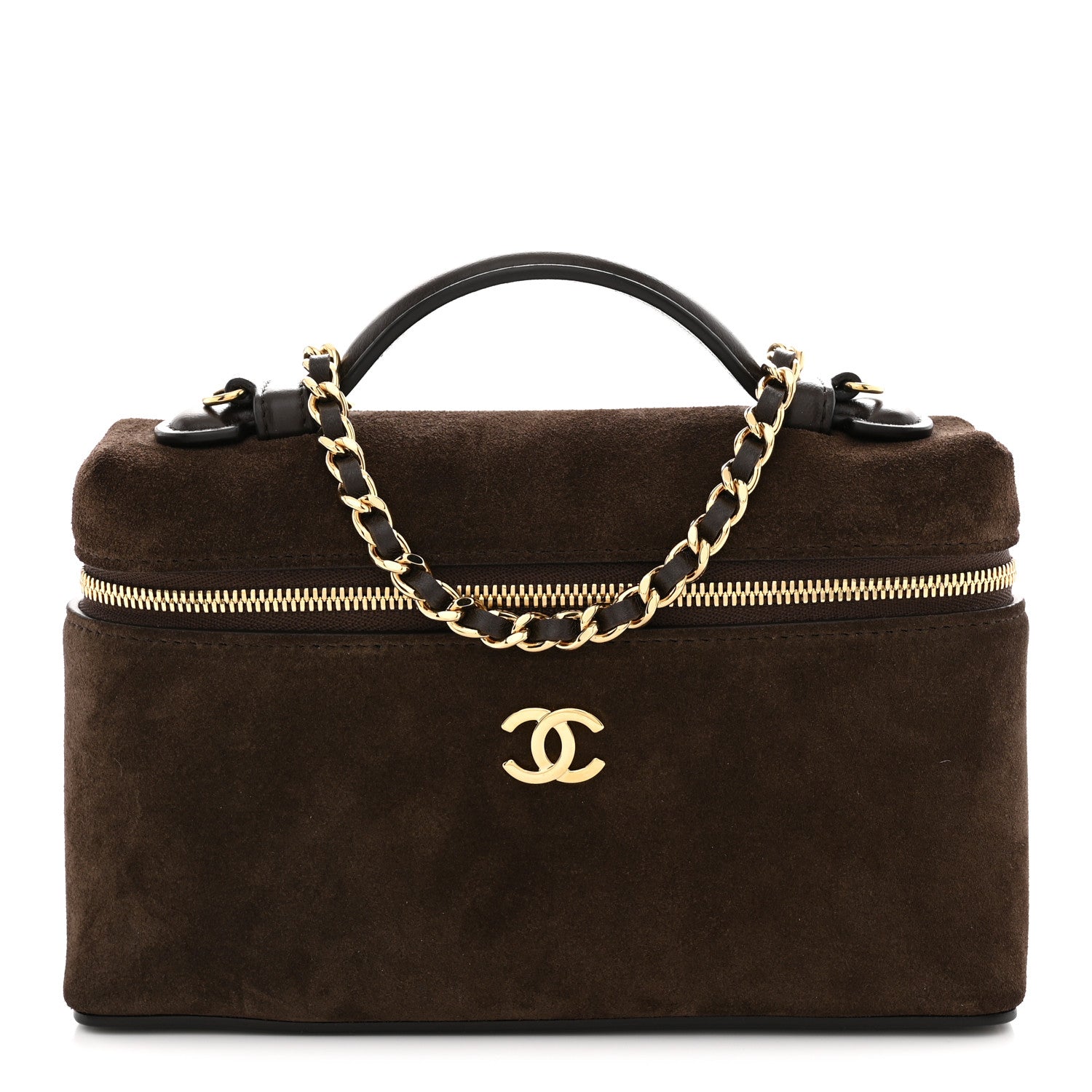 Chanel Suede Calfskin Top Handle Trapeze Small Vanity Case With Chain Dark Brown 1 of 11