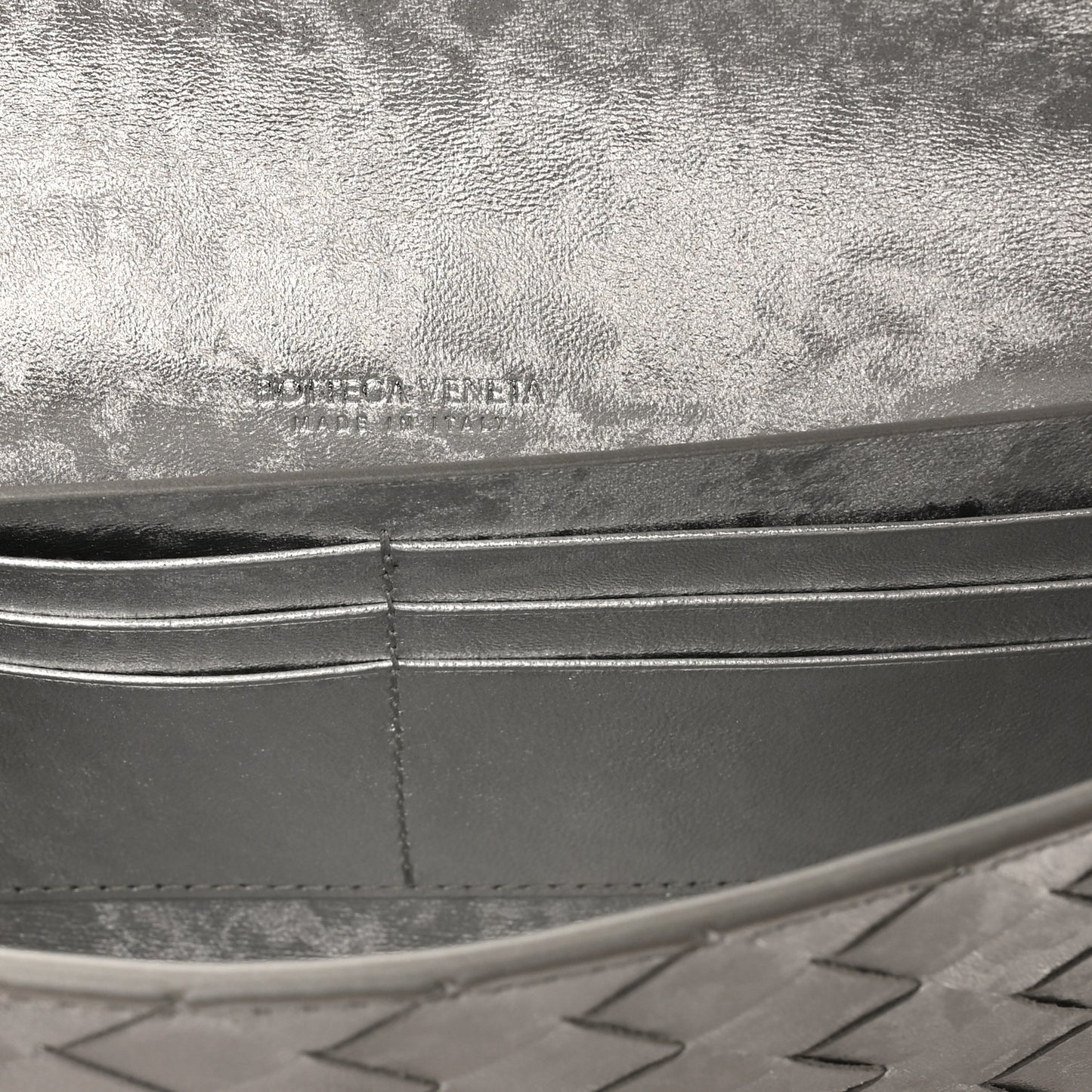 Metallic Lambskin Intrecciato Long Andiamo Top Handle Clutch Silver