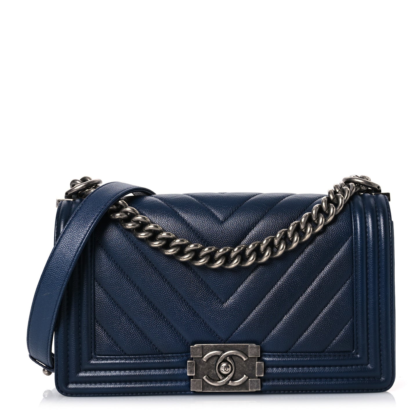 Caviar Chevron Quilted Medium Boy Flap Navy