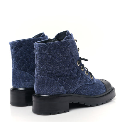 Chanel Shiny Calfskin Velvet Quilted Lace Up Combat Boots 38.5 Blue 4 of 8