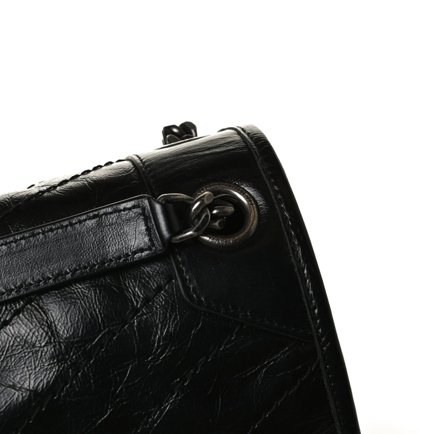 Crinkled Calfskin Matelasse Monogram Large Niki Chain Satchel Black
