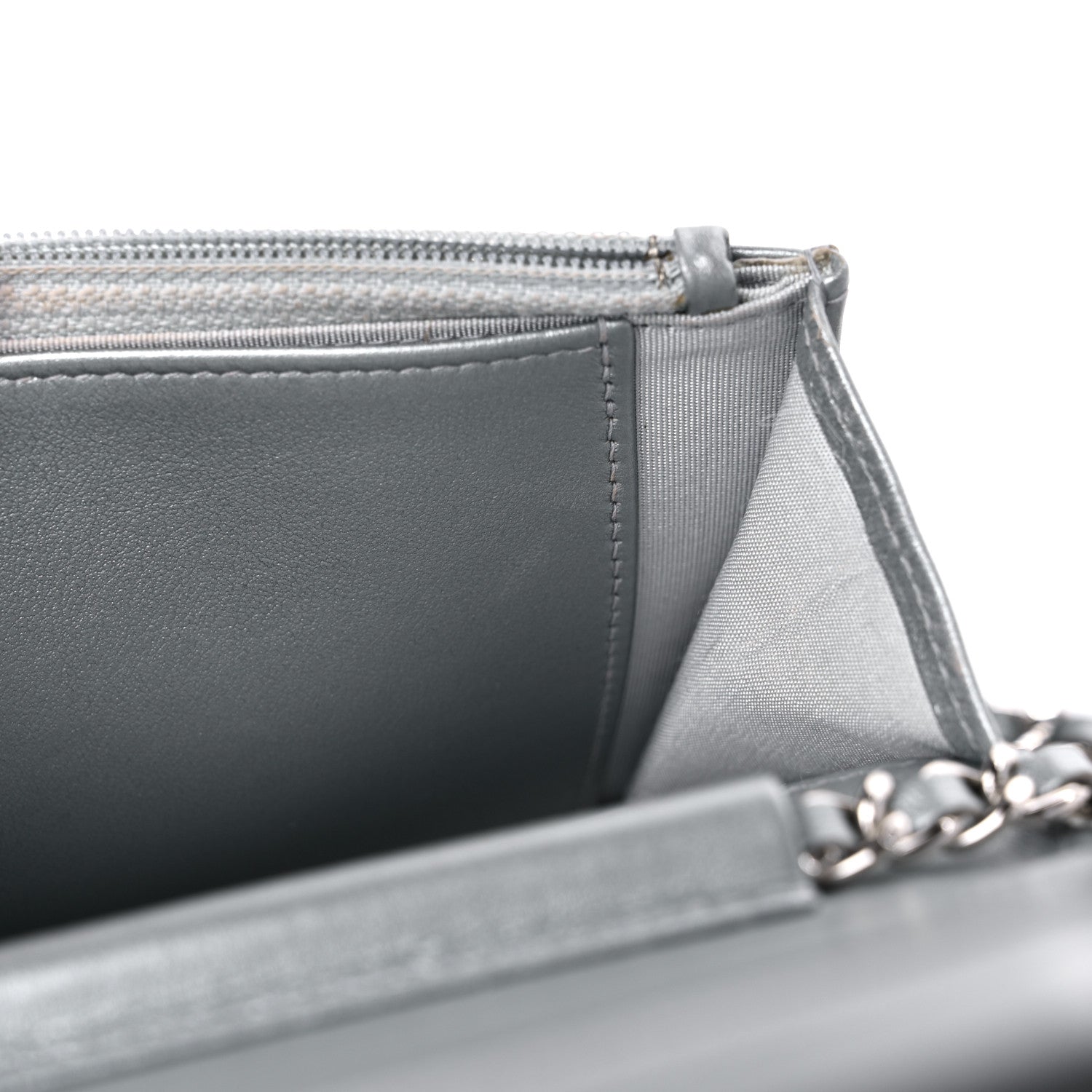 Chanel Metallic Lambskin Crystal Camellia Embossed Wallet On Chain WOC Silver 12 of 12