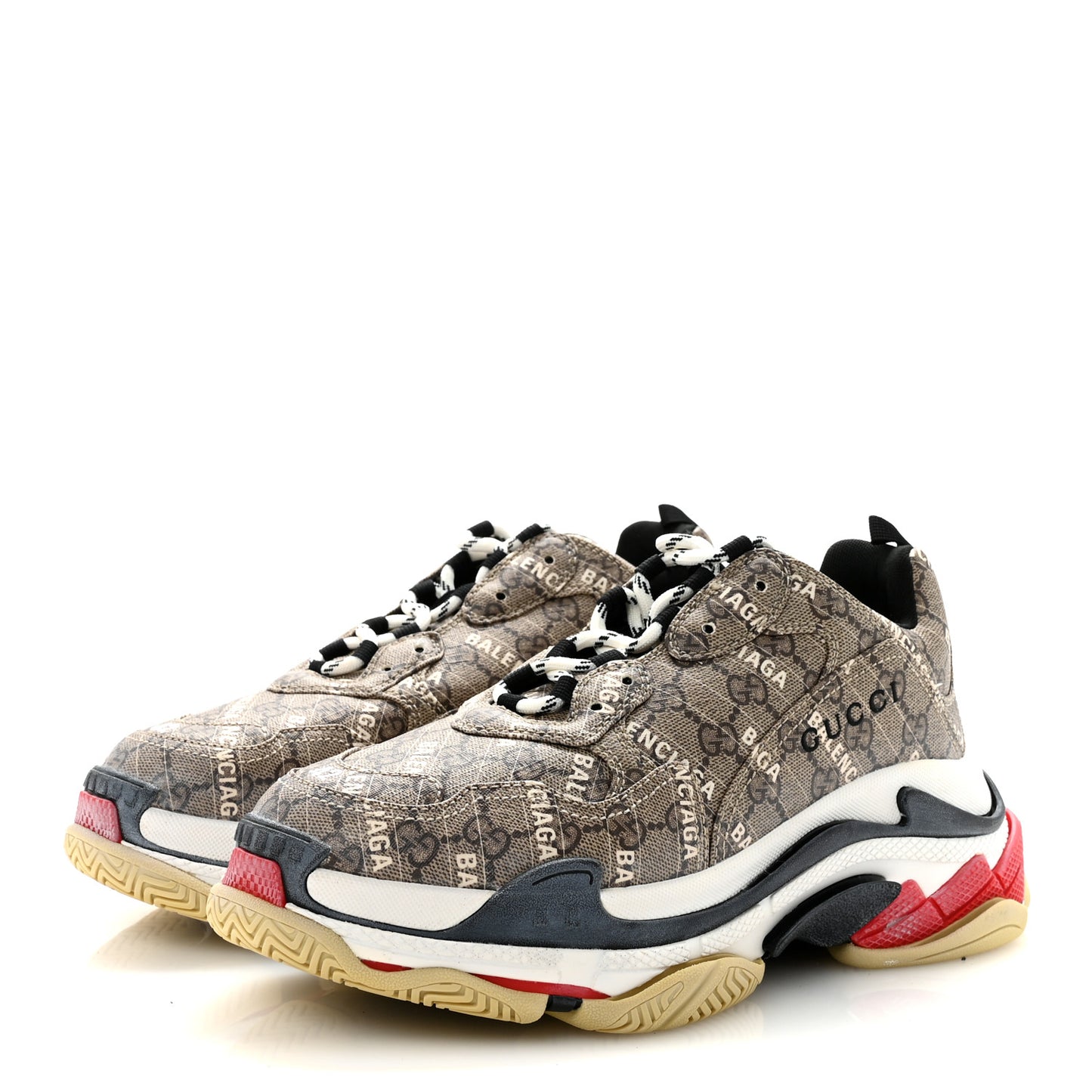 X GUCCI GG Supreme Monogram Allover Logo Mens Triple S Sneakers 42 Beige Ebony Mystic White