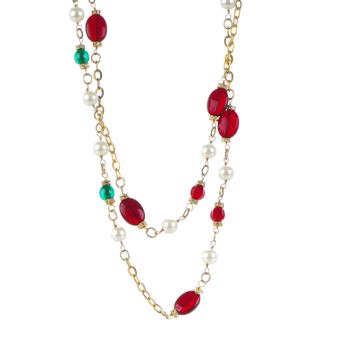 Gripoix Crystal Pearl Sautoir Necklace Gold Red