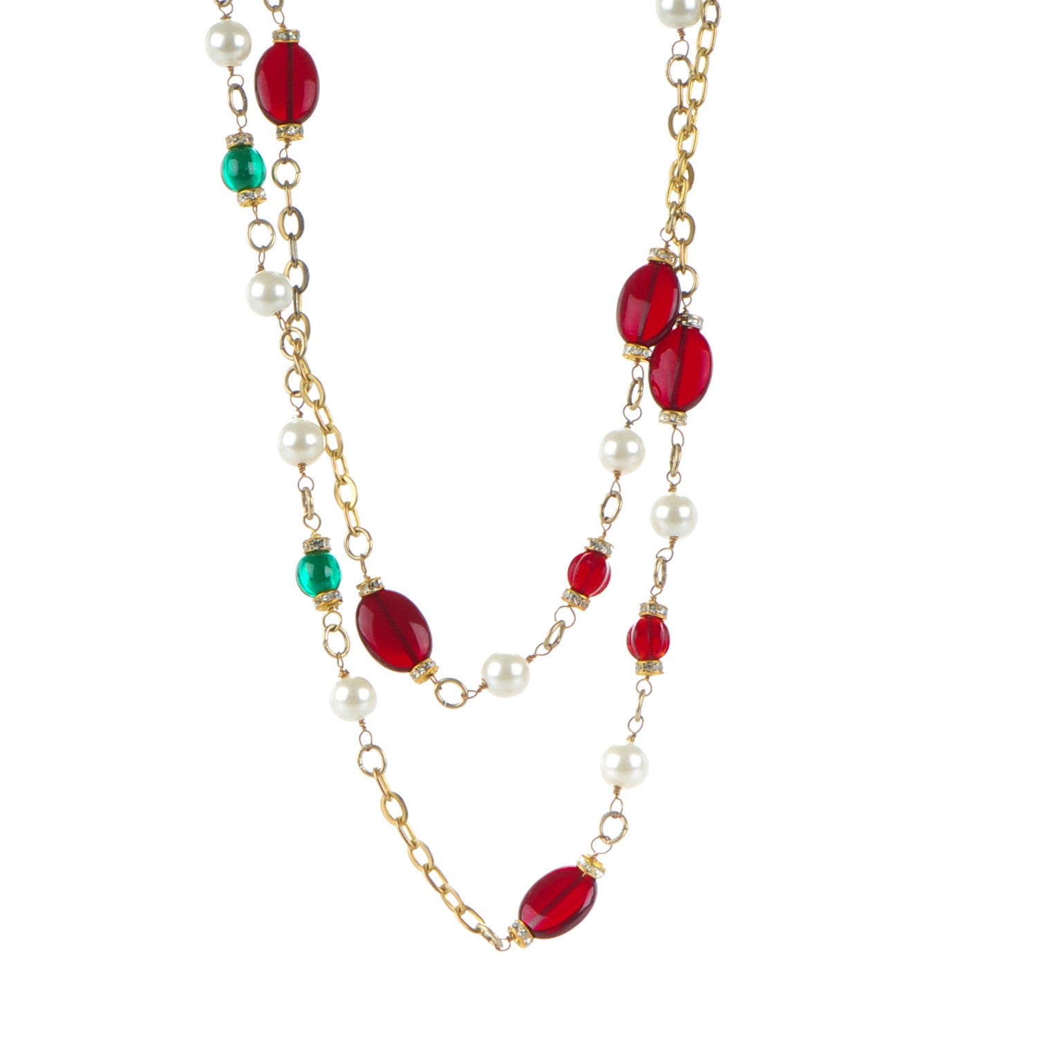 Chanel Gripoix Crystal Pearl Sautoir Necklace Gold Red 1 of 4