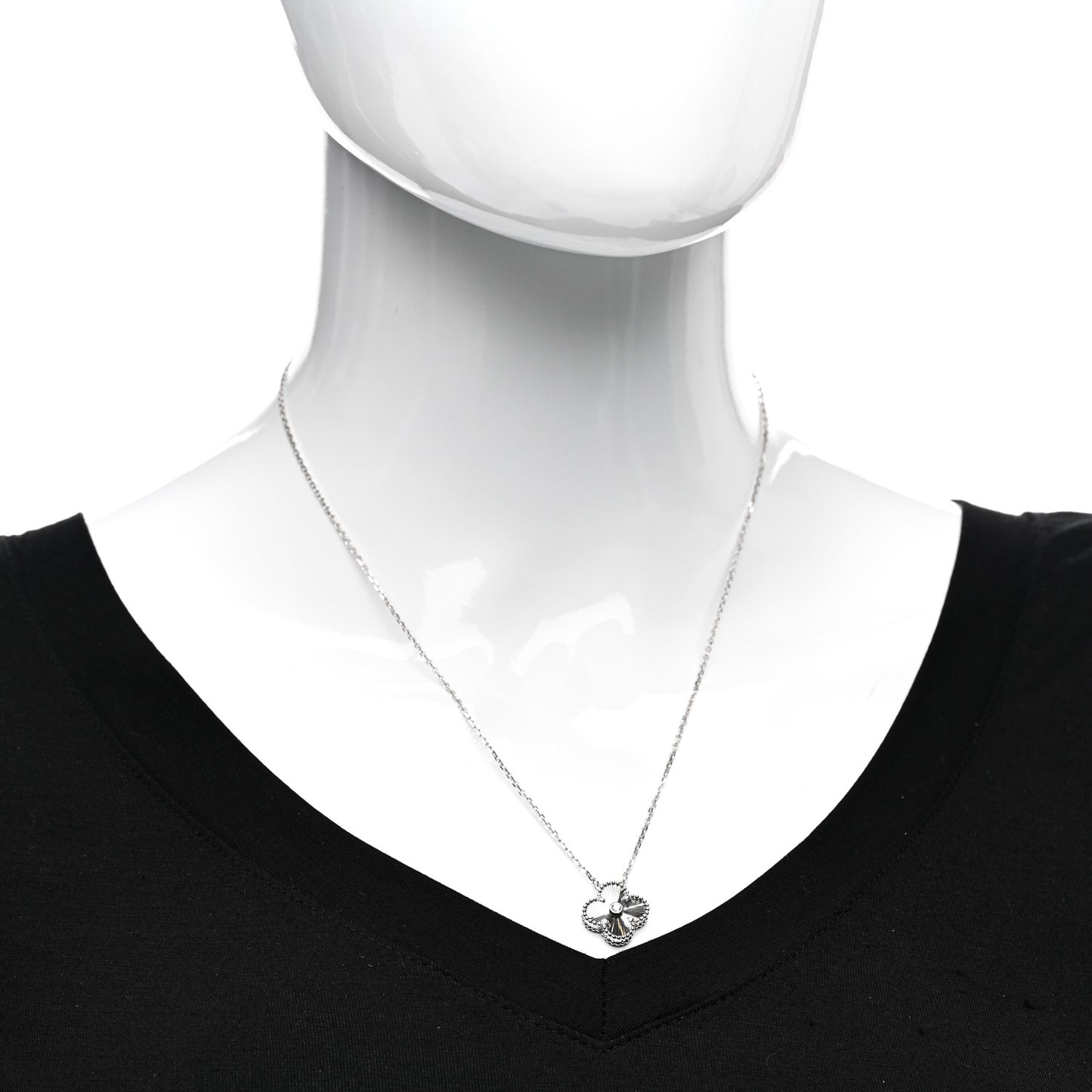 18K White Gold Diamond Guilloche Vintage Alhambra Pendant Necklace