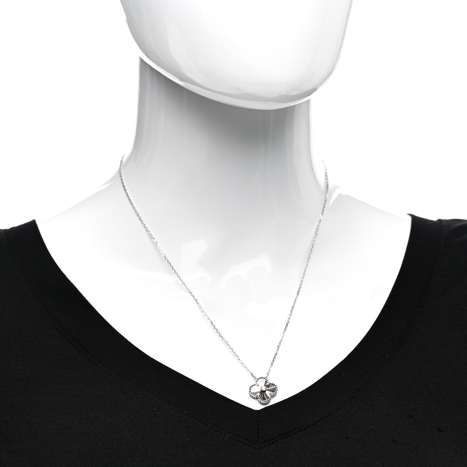 Van Cleef & Arpels 18K White Gold Diamond Guilloche Vintage Alhambra Pendant Necklace 2 of 6