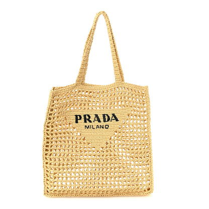 Prada Yarn Raffia Effect Crochet Logo Embroidered Tote Bag Naturale 1 of 9