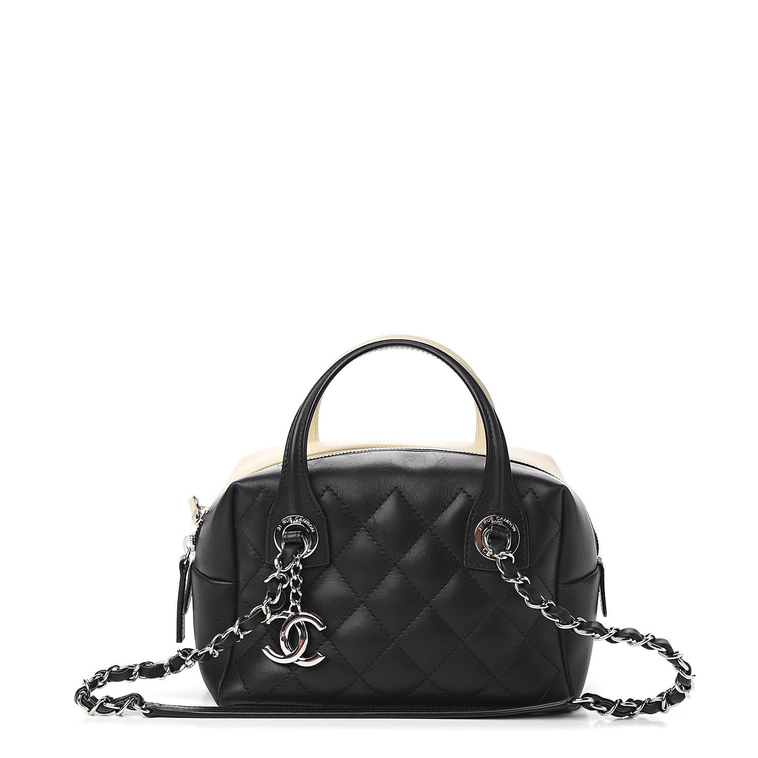 Chanel Calfskin Quilted Feather Weight Bowling Bag Black Ivory 1 of 9