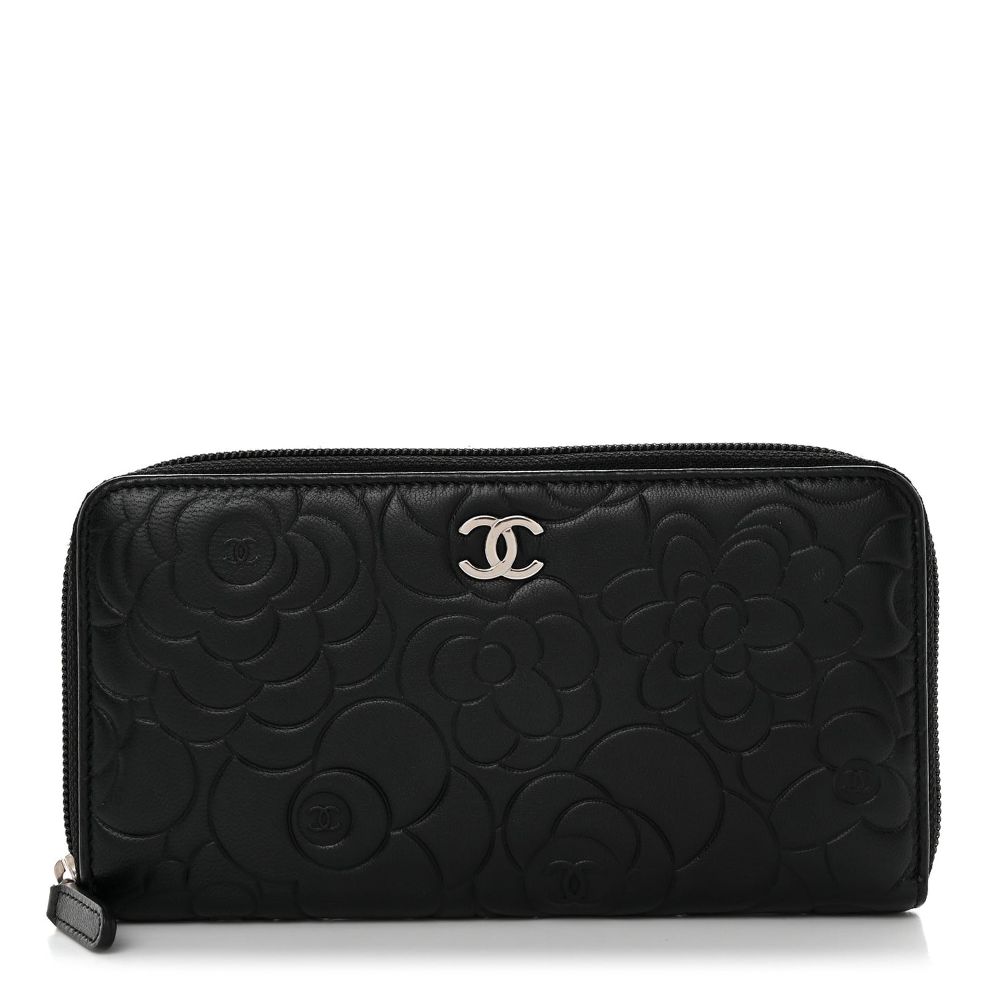 Lambskin Camellia Embossed Large Zip Around Gusset Wallet Black