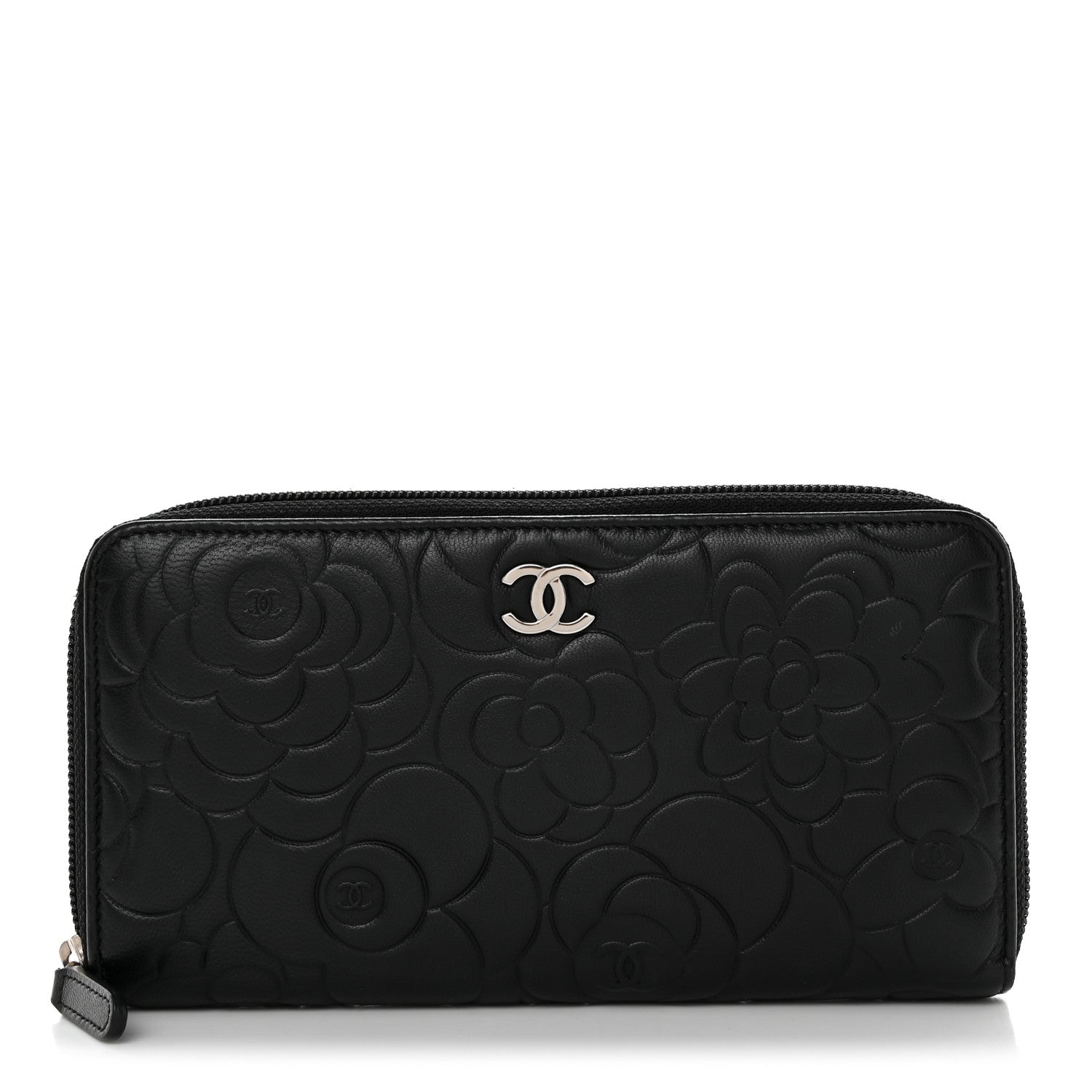 Chanel Lambskin Camellia Embossed Large Zip Around Gusset Wallet Black 1 of 8