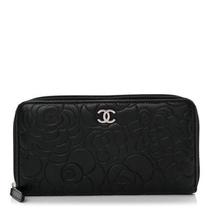Chanel Lambskin Camellia Embossed Large Zip Around Gusset Wallet Black 1 of 8