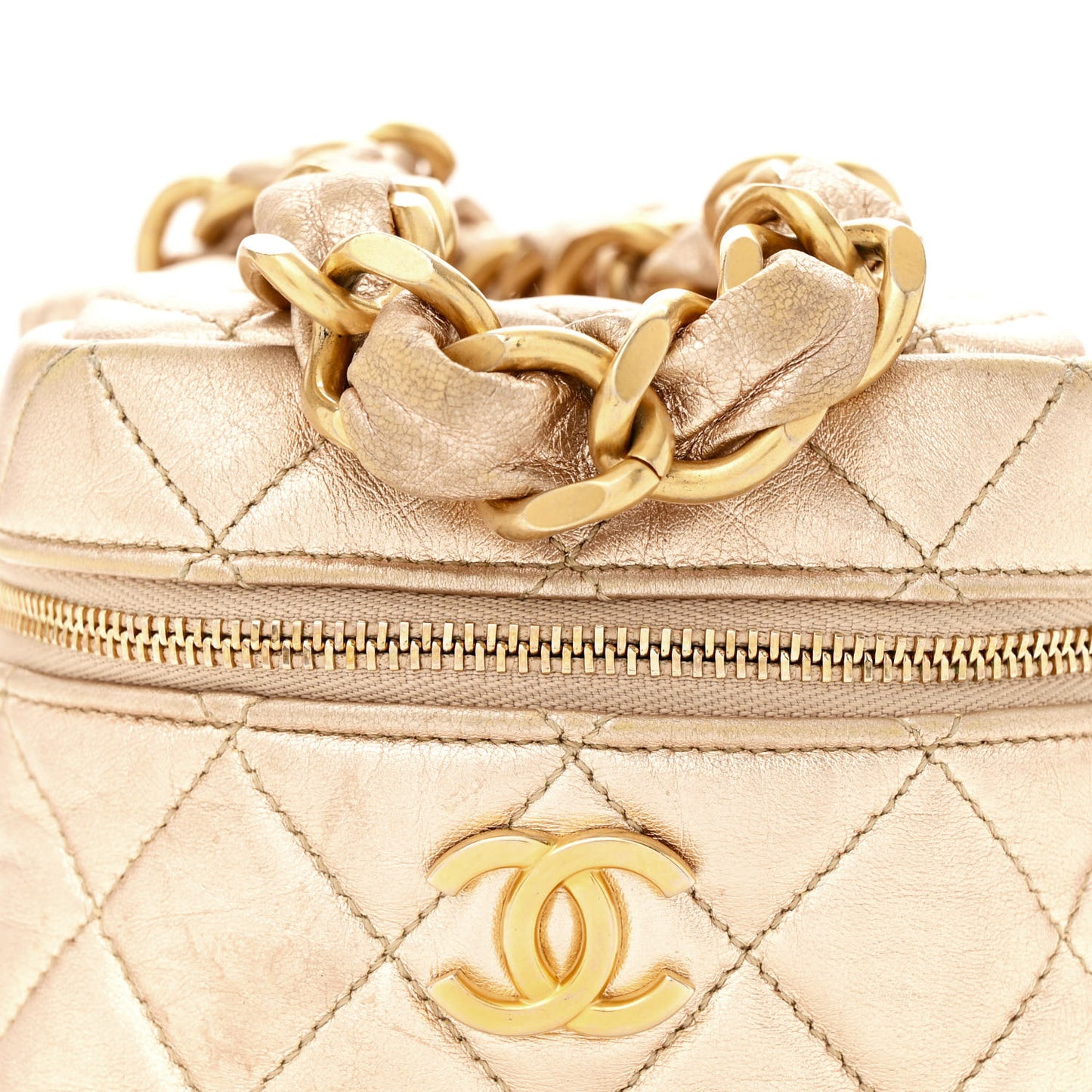 Metallic Lambskin Quilted Cube Chain Wristlet Case Gold