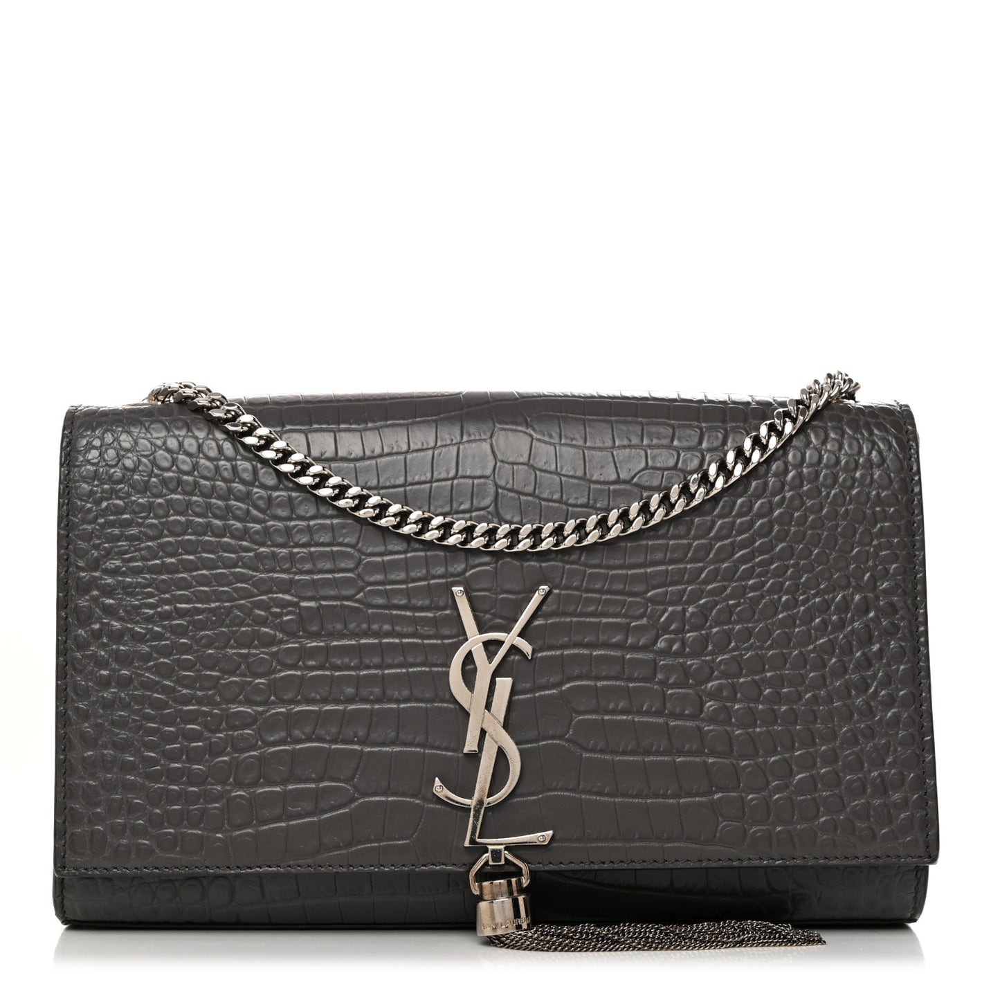 Calfskin Crocodile Embossed Medium Classic Monogram Kate Tassel Satchel Storm
