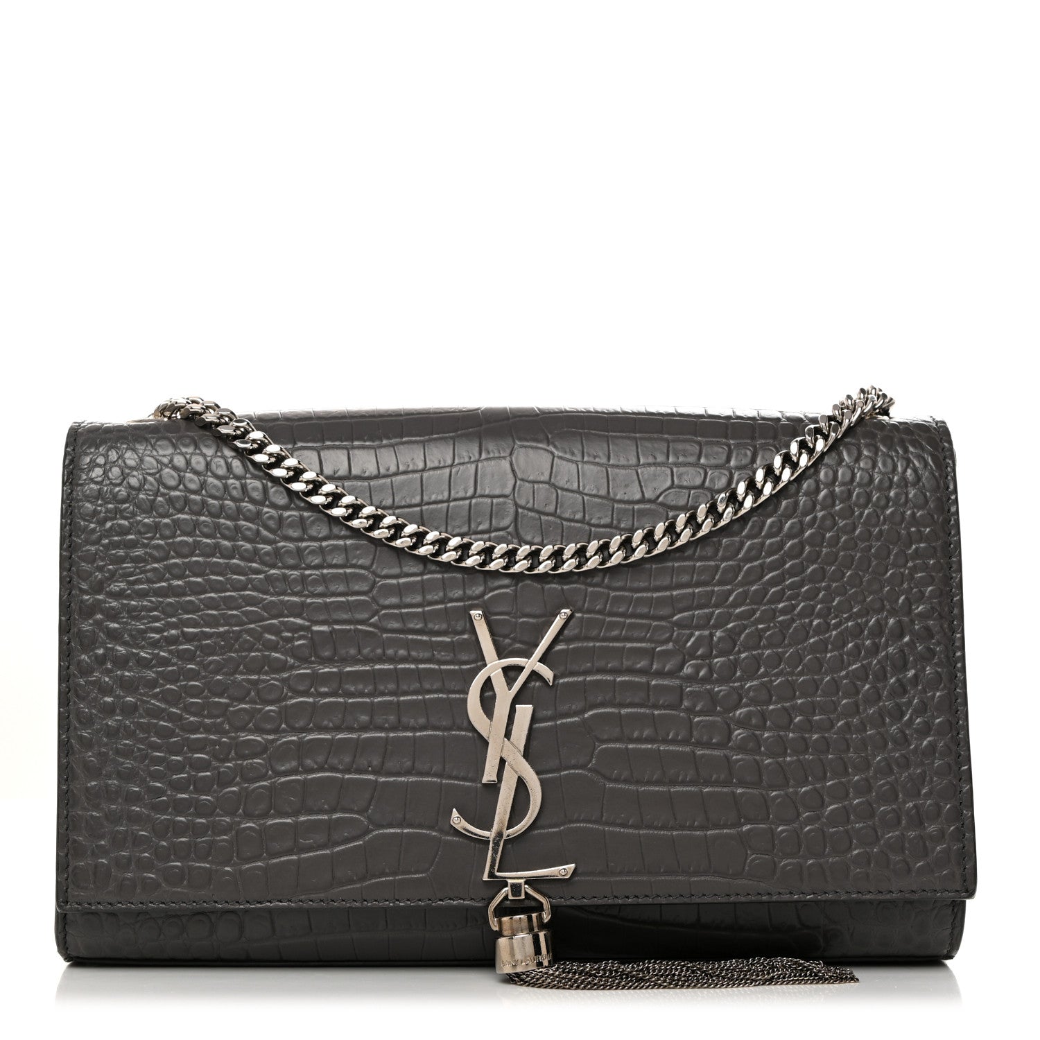 Saint Laurent Calfskin Crocodile Embossed Medium Classic Monogram Kate Tassel Satchel Storm 1 of 10