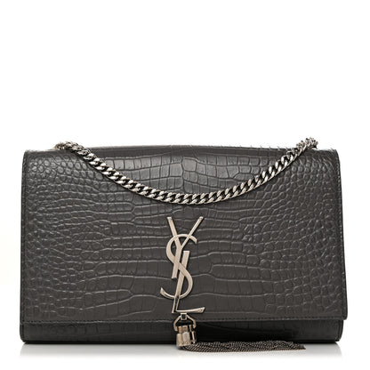 Saint Laurent Calfskin Crocodile Embossed Medium Classic Monogram Kate Tassel Satchel Storm 1 of 10