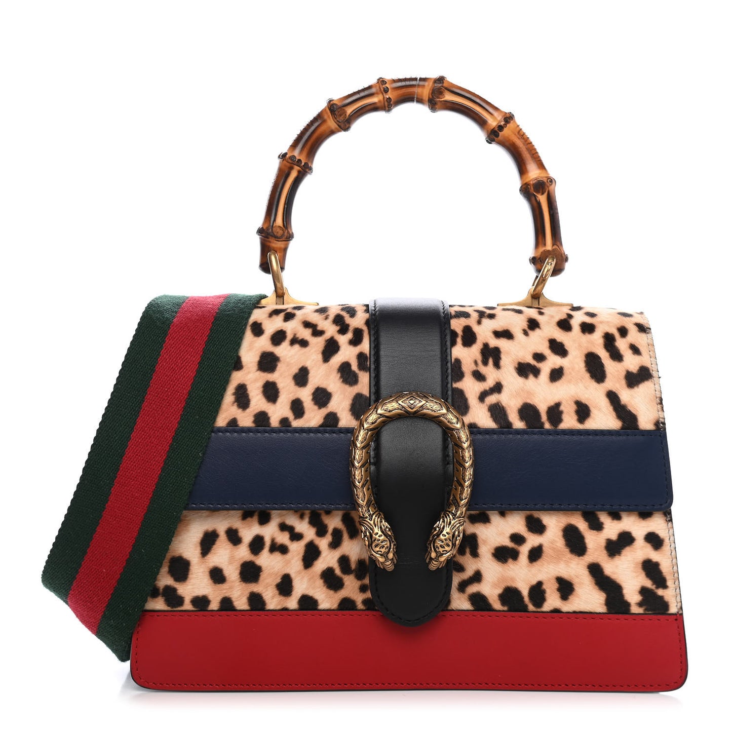 Calf Hair Calfskin Bamboo Web Leopard Print Medium Dionysus Top Handle Bag Natural Blue Agata Hibiscus Red
