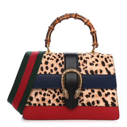 Gucci Calf Hair Calfskin Bamboo Web Leopard Print Medium Dionysus Top Handle Bag Natural Blue Agata Hibiscus Red 1 of 8