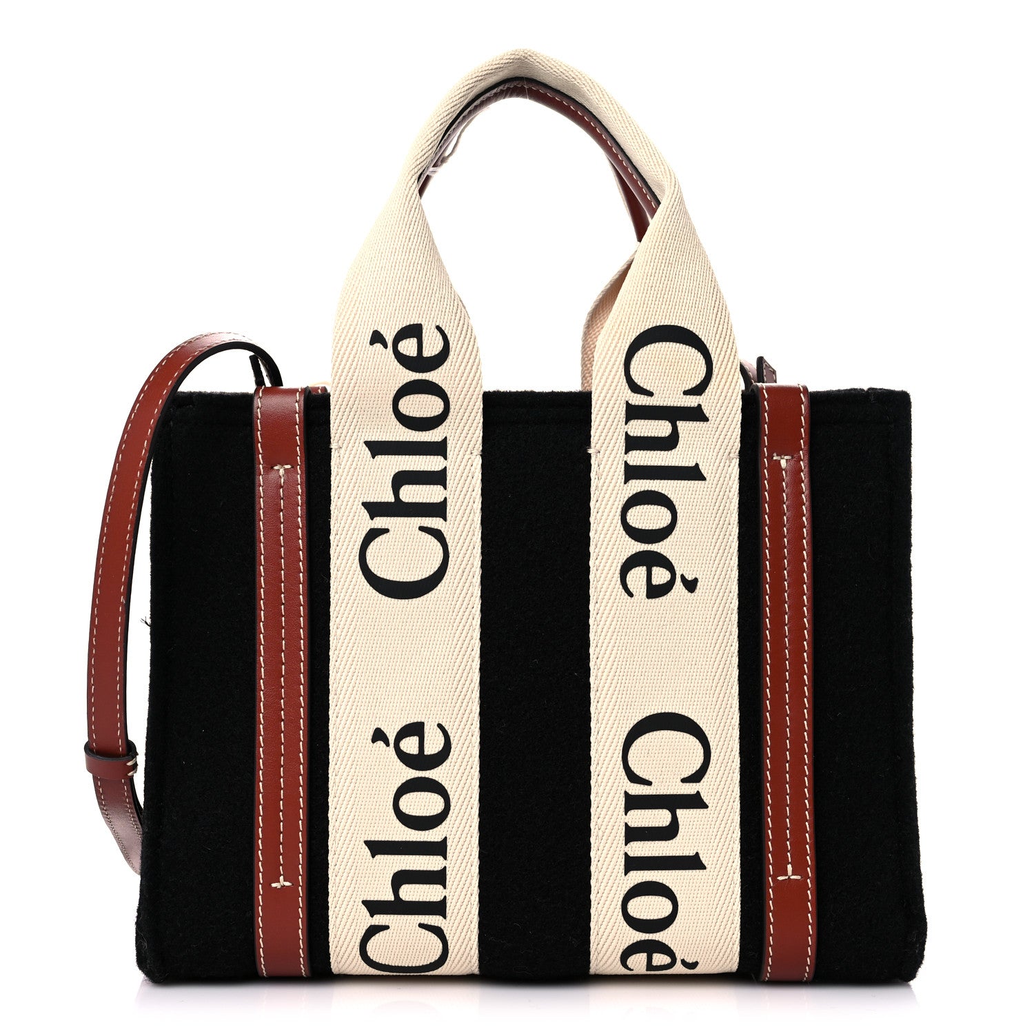 Chloe Felt Calfskin Small Woody Ribbon Tote With Strap Black 1 of 9