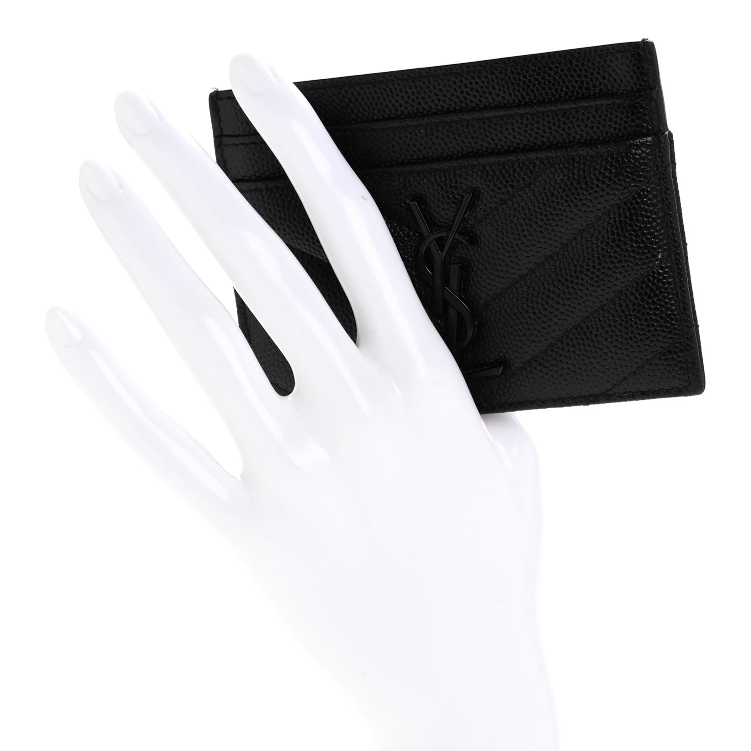 Saint Laurent Grain De Poudre Matelasse Chevron Monochrome Monogram Credit Card Case Black 2 of 10