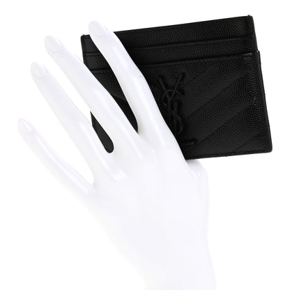 Saint Laurent Grain De Poudre Matelasse Chevron Monochrome Monogram Credit Card Case Black 2 of 10