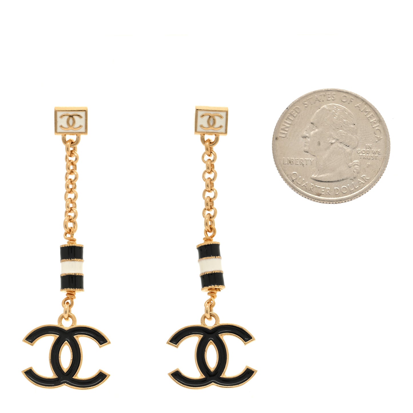 Metal Enamel CC Square Drop Earrings Gold White Black