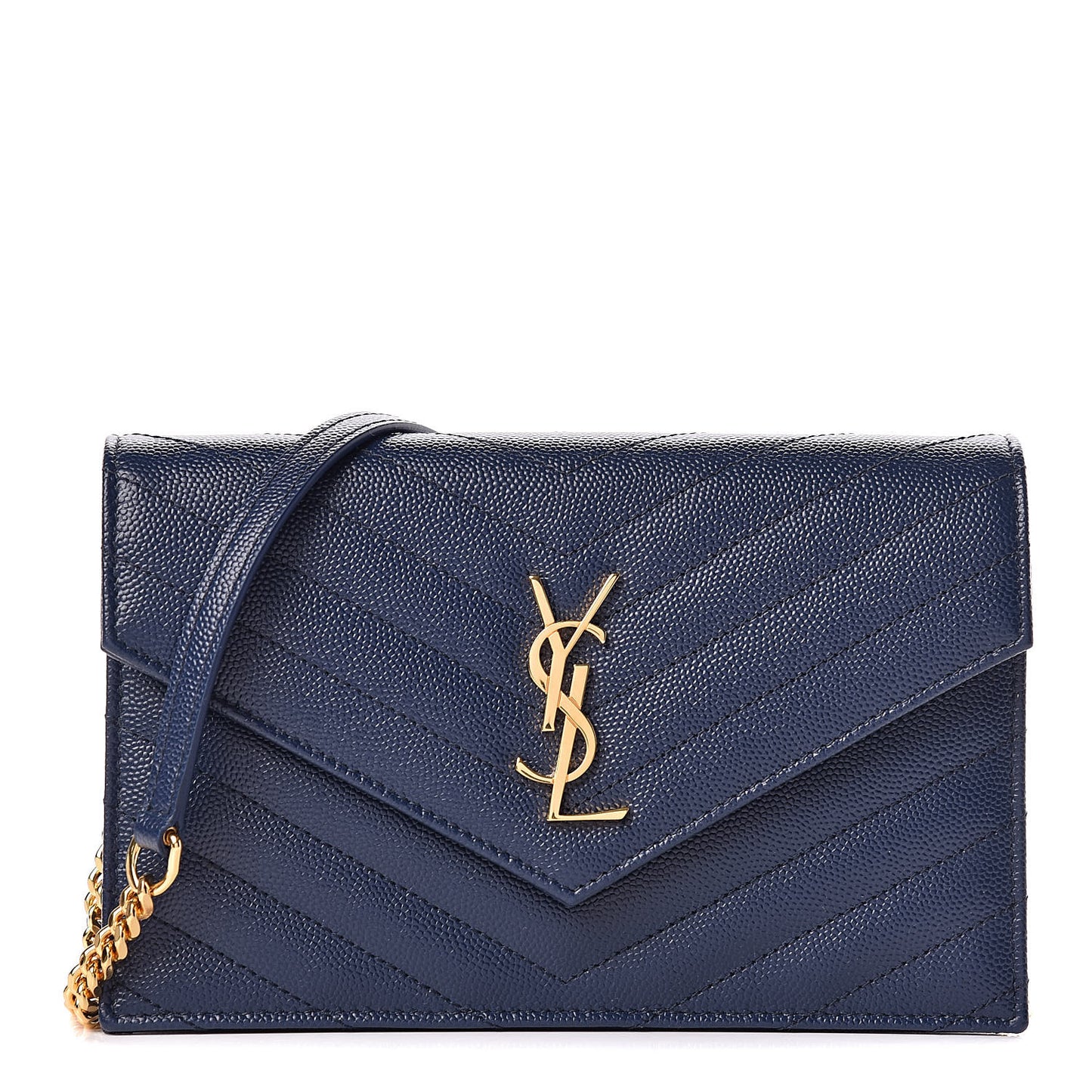 Grain De Poudre Matelasse Chevron Monogram Envelope Chain Wallet Navy