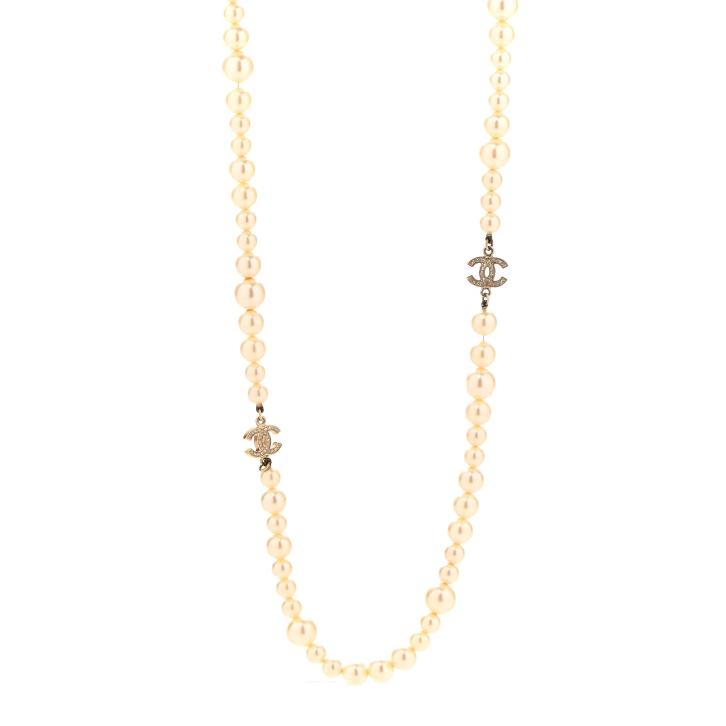 Graduated Pearl Crystal CC Long Necklace Light Gold