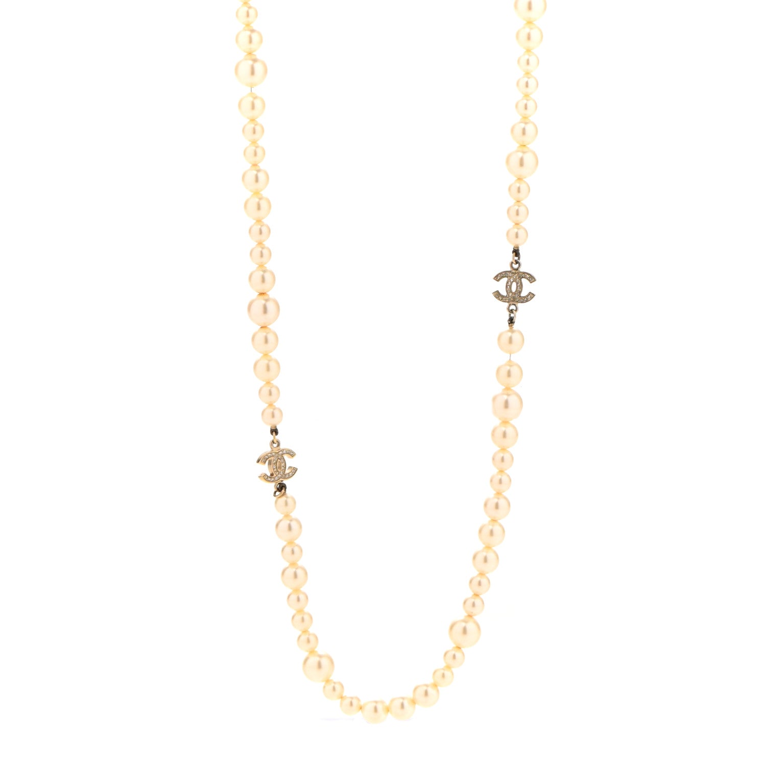 Chanel Graduated Pearl Crystal CC Long Necklace Light Gold 1 of 6