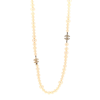 Chanel Graduated Pearl Crystal CC Long Necklace Light Gold 1 of 6