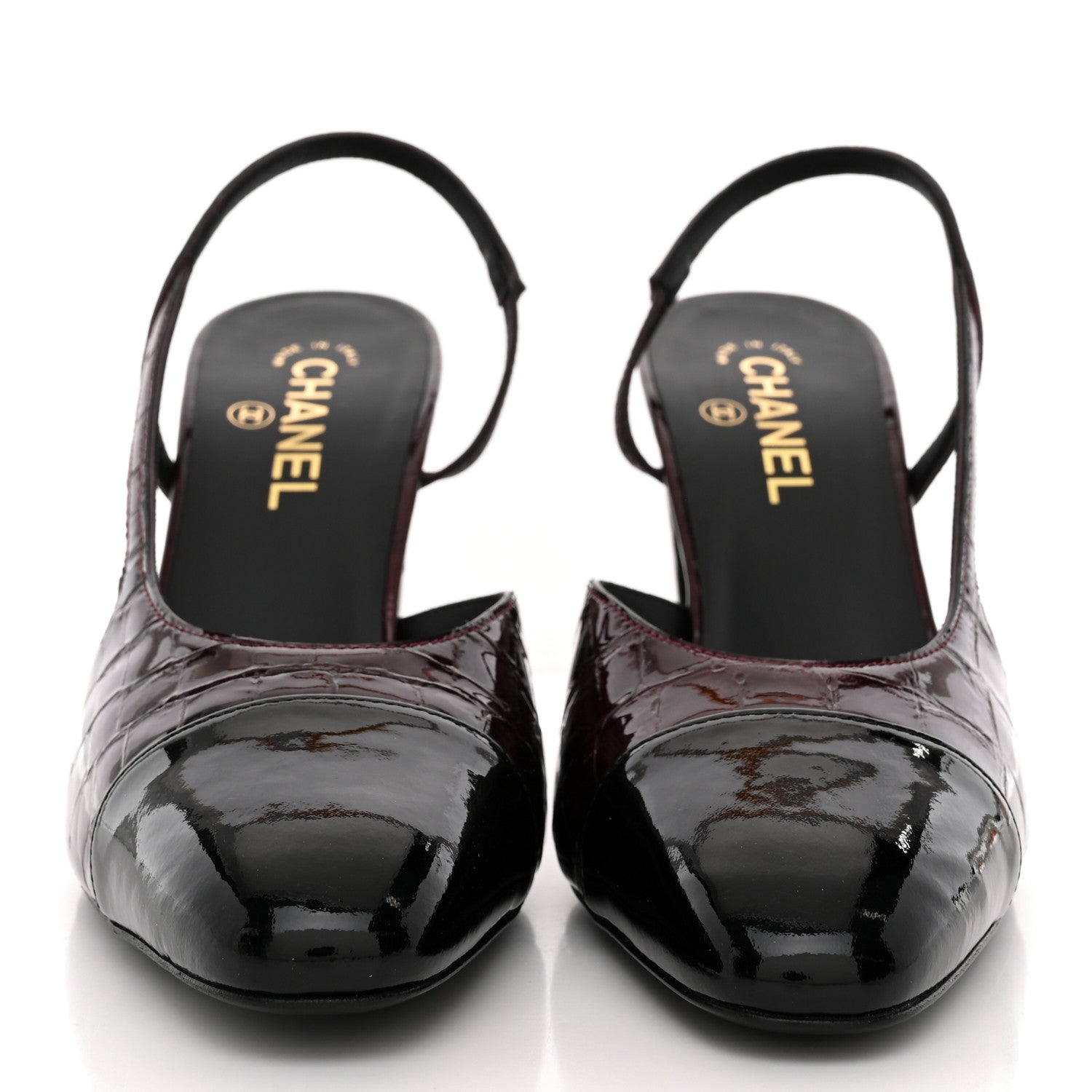 Chanel Patent Calfskin Crocodile Embossed Cap Toe CC Slingback Pumps 41 Dark Burgundy Black 3 of 10