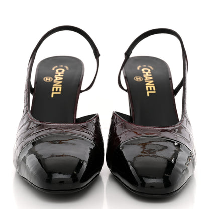 Chanel Patent Calfskin Crocodile Embossed Cap Toe CC Slingback Pumps 41 Dark Burgundy Black 3 of 10