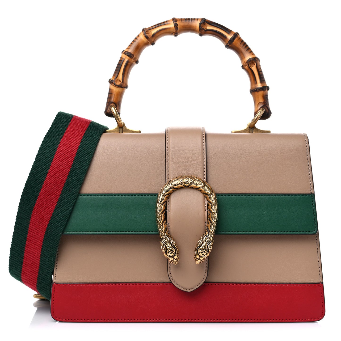 Calfskin Bamboo Web Medium Dionysus Top Handle Bag Camelia Bright Evergreen Hibiscus Red