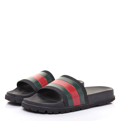 Gucci Rubber Web Mens Lug Sole Slide Sandals 10 Black Green Red 3 of 6
