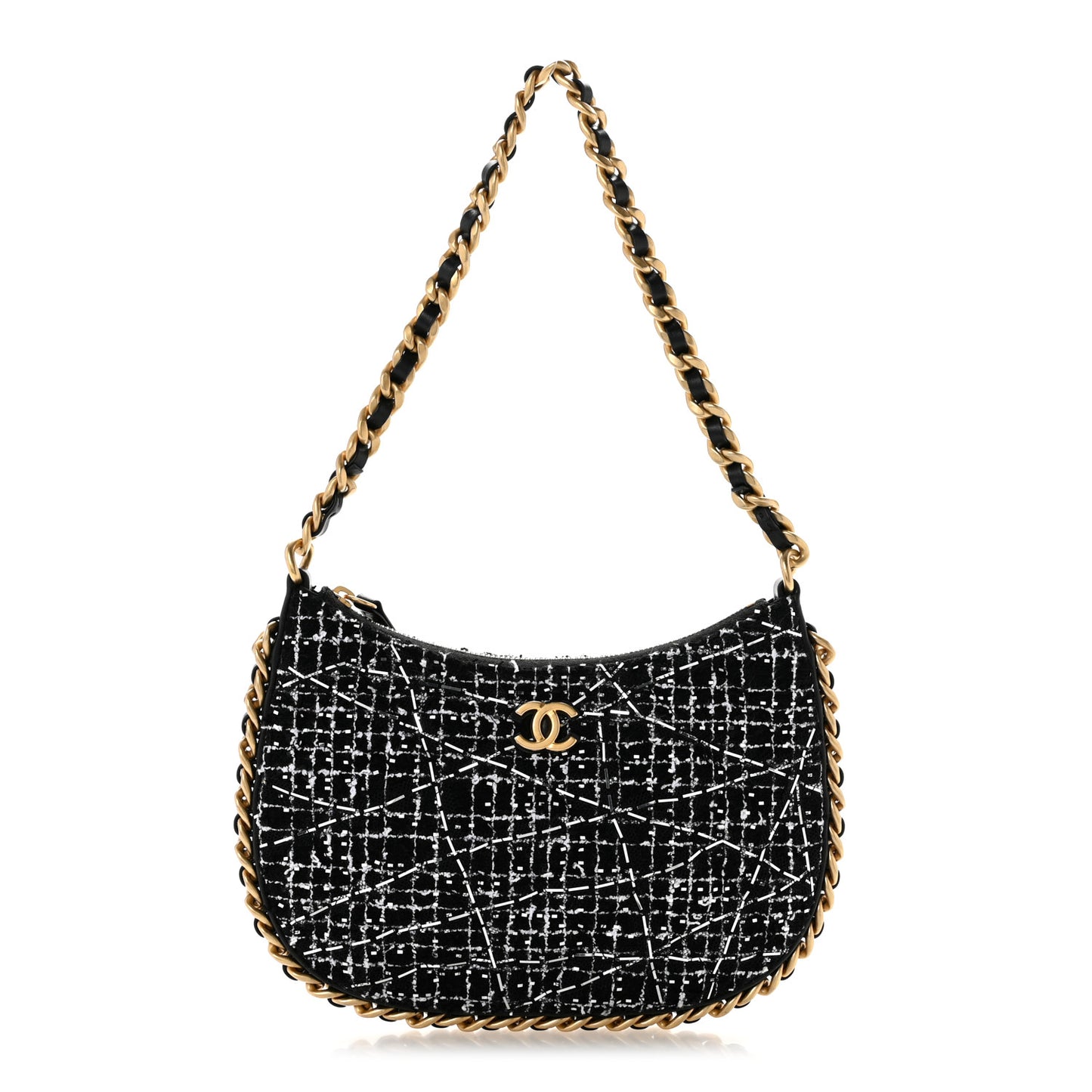 Tweed Sequin Quilted Trendy Chain Around Hobo Black White