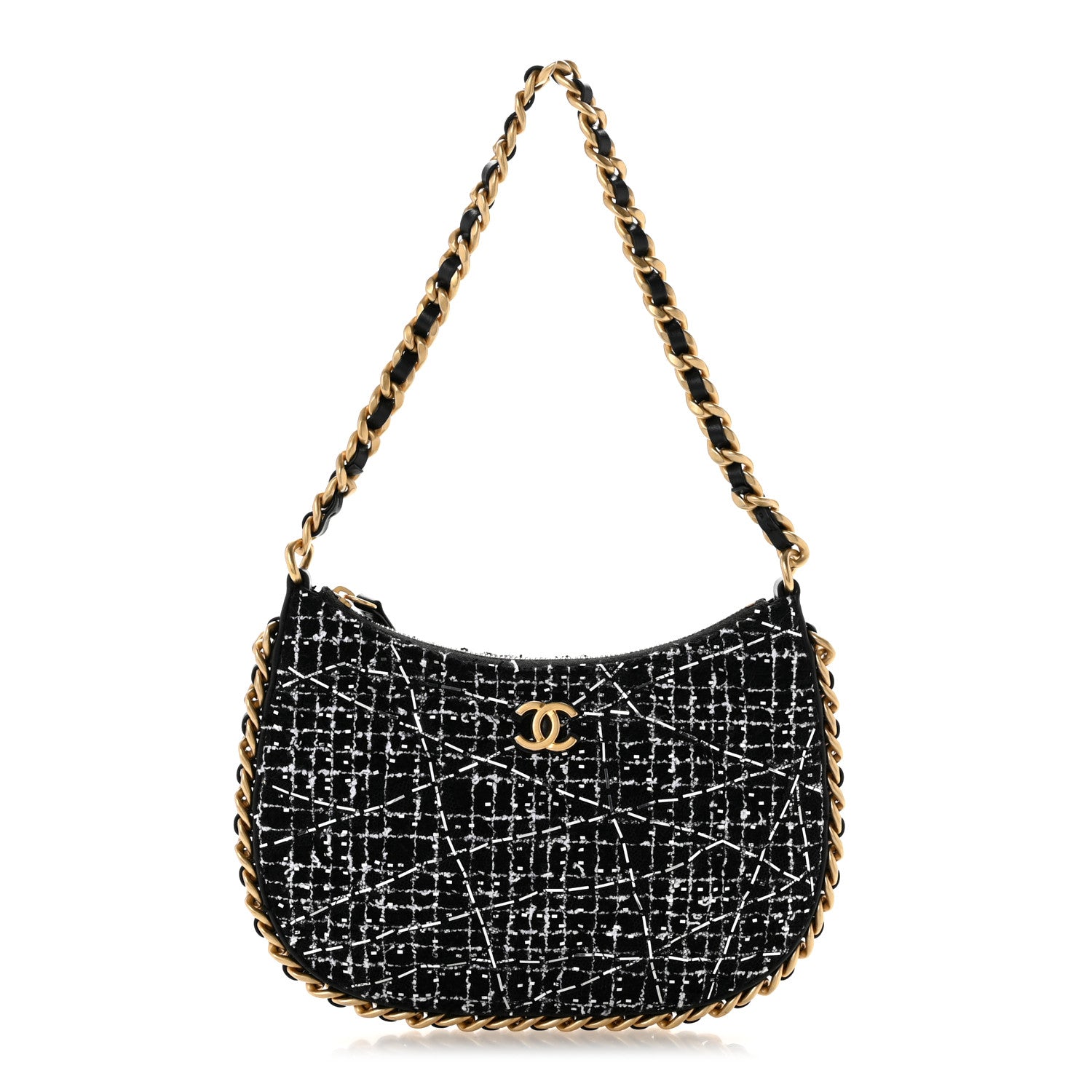 Chanel Tweed Sequin Quilted Trendy Chain Around Hobo Black White 1 of 11