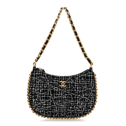 Chanel Tweed Sequin Quilted Trendy Chain Around Hobo Black White 1 of 11