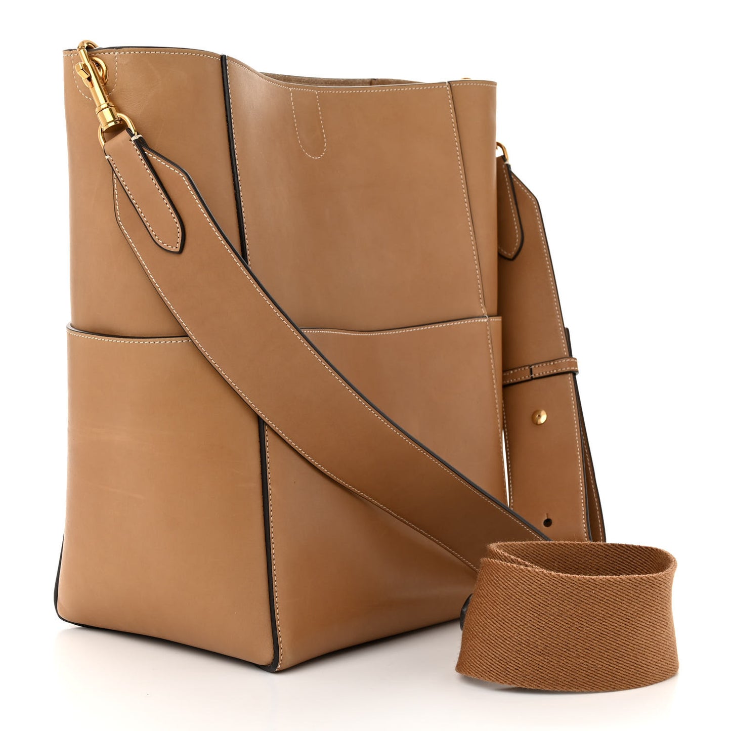 Natural Calfskin Sangle Bucket Bag Light Camel
