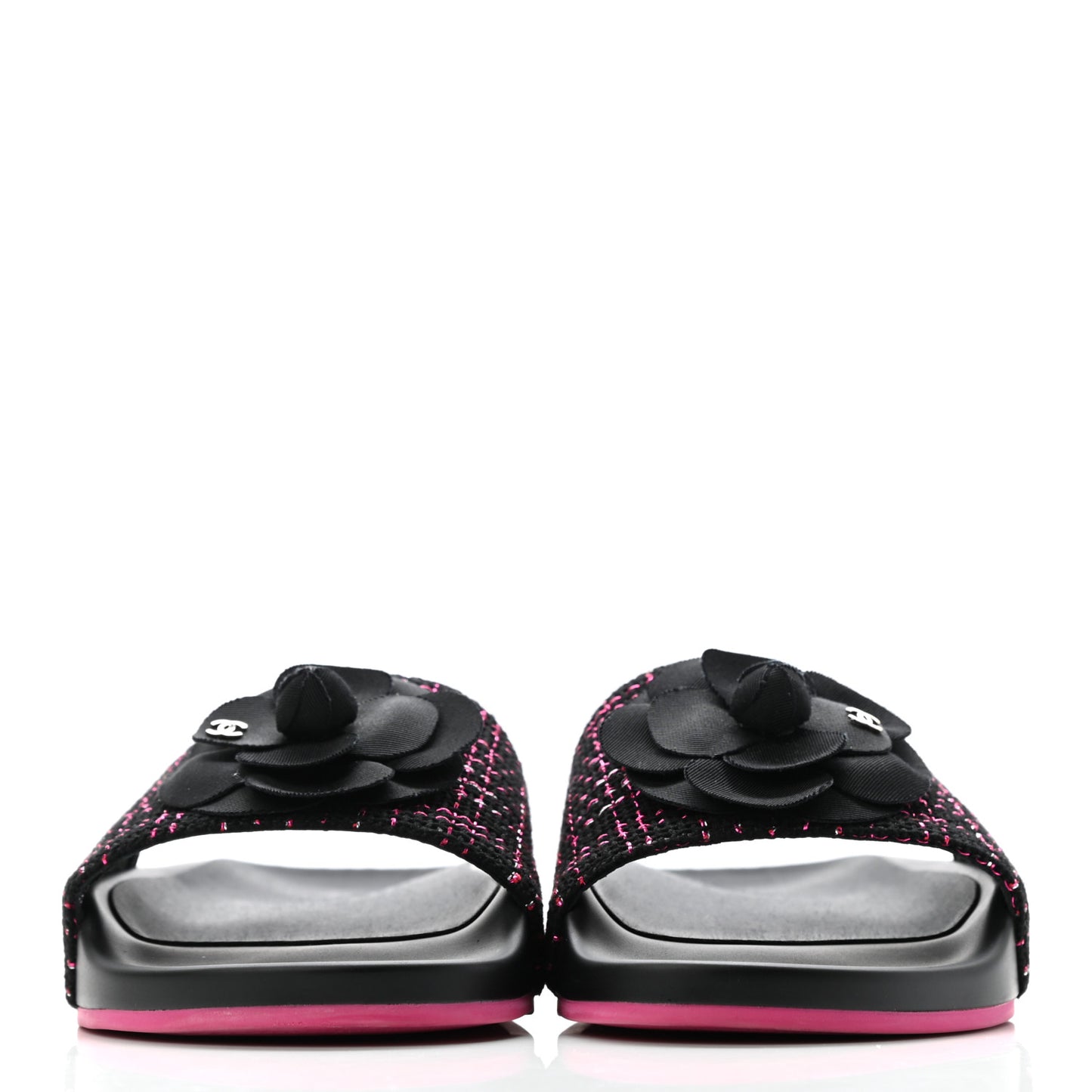Tweed Grosgrain Camellia CC Flat Mules 40 Black Pink