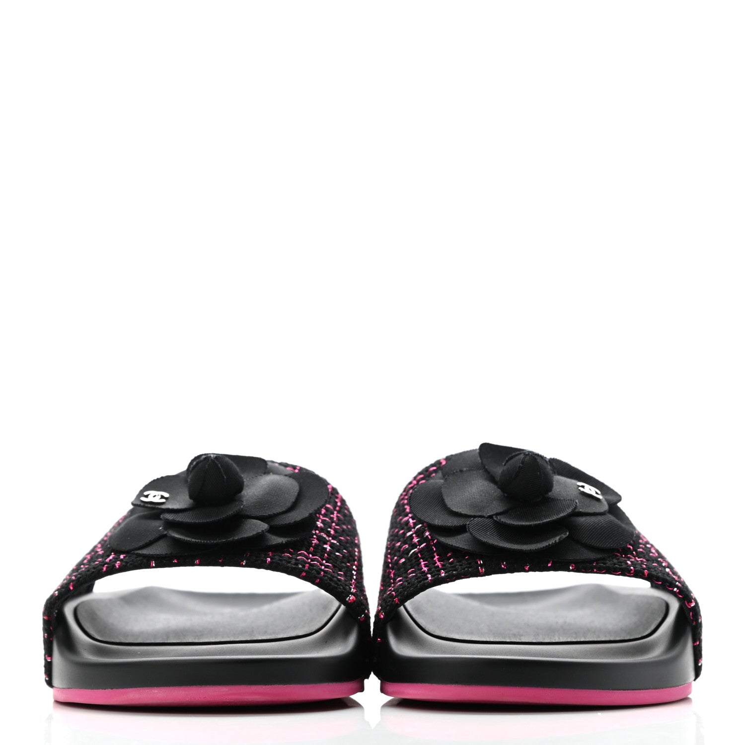 Chanel Tweed Grosgrain Camellia CC Flat Mules 40 Black Pink 2 of 11