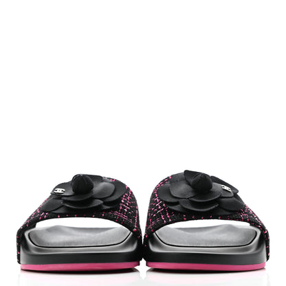 Chanel Tweed Grosgrain Camellia CC Flat Mules 40 Black Pink 2 of 11