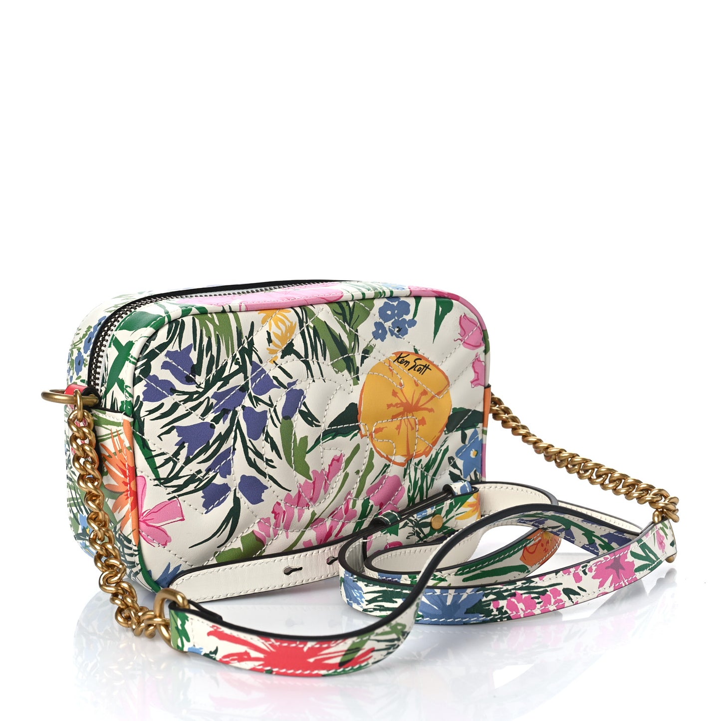 X KEN SCOTT Calfskin Matelasse Floral Print Mini GG Marmont Chain Shoulder Bag Ivory Pink