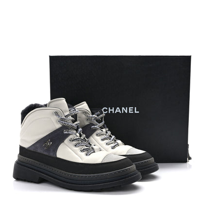 Chanel Lambskin Shearling Suede CC High Lace Up Boots 39 Grey Black 10 of 10