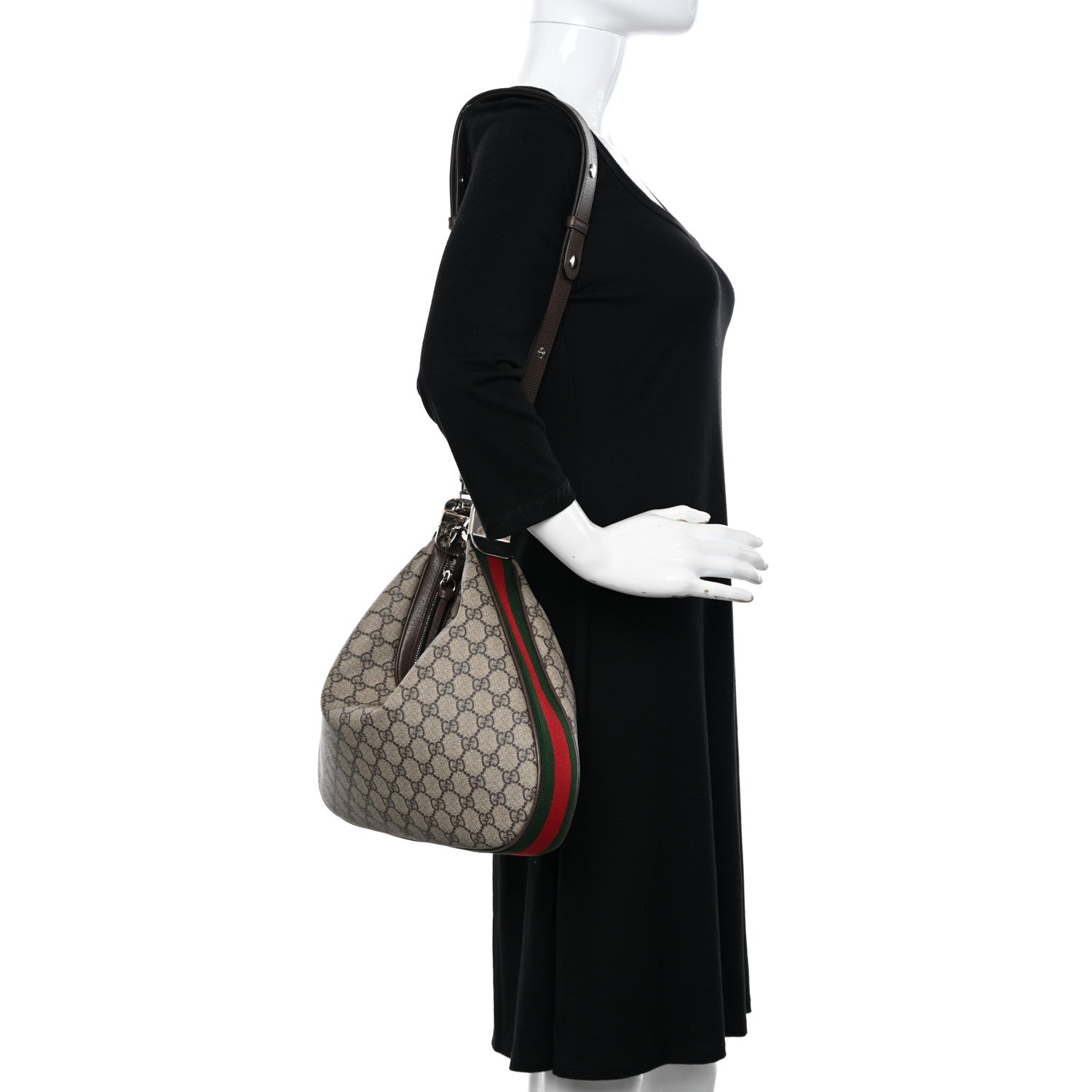 Gucci GG Supreme Monogram Textured Calfskin Web Large Attache Shoulder Bag Beige Ebony New Acero 3 of 16