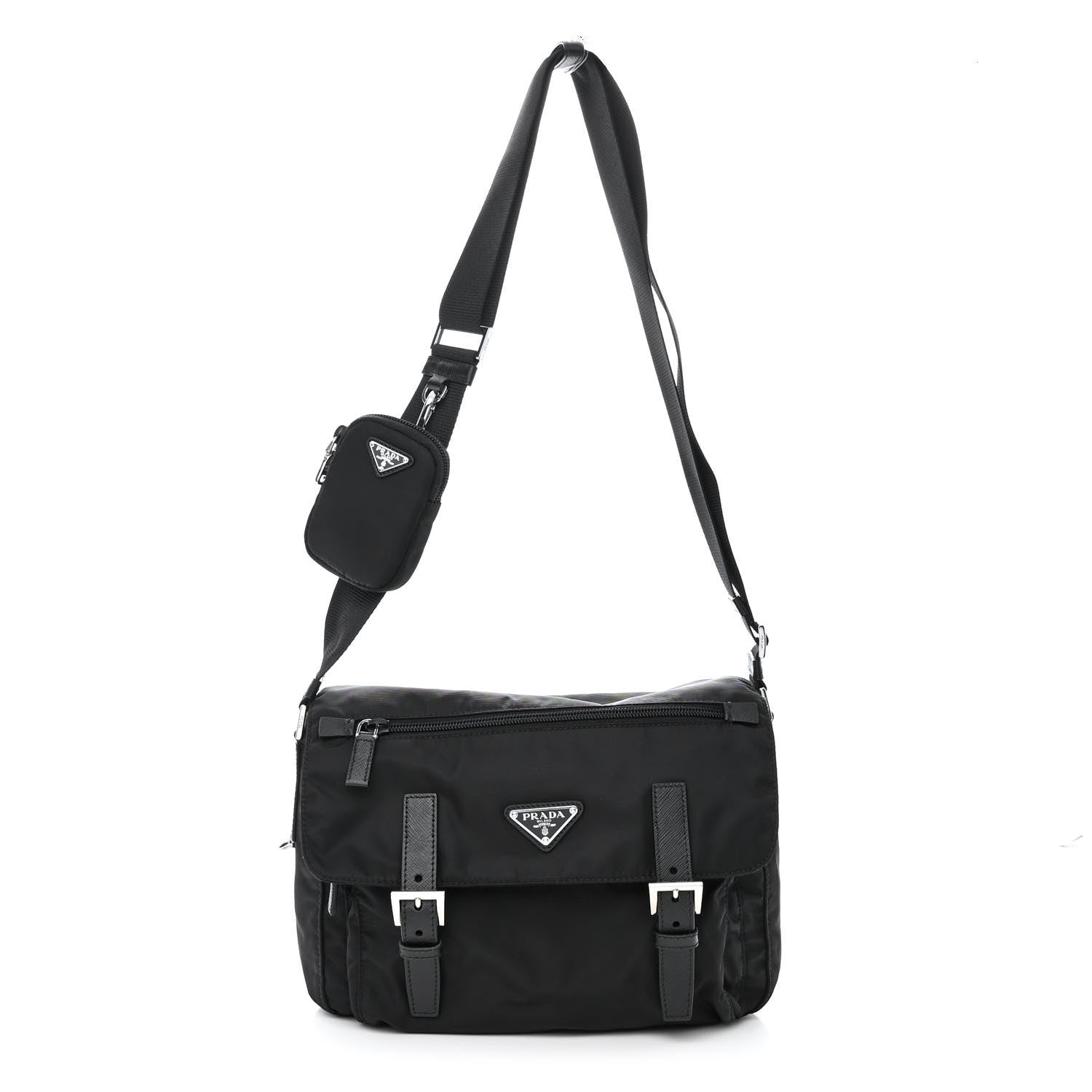 Prada Re-Nylon Vela Saffiano Pocket Double Buckle Messenger Shoulder Bag Black 1 of 11