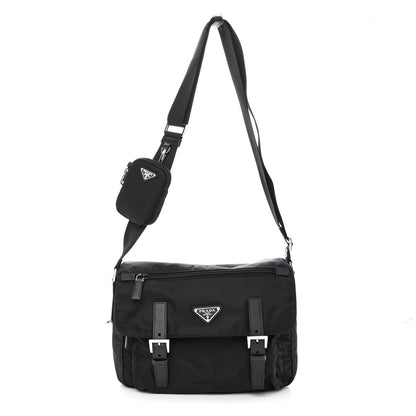 Prada Re-Nylon Vela Saffiano Pocket Double Buckle Messenger Shoulder Bag Black 1 of 11