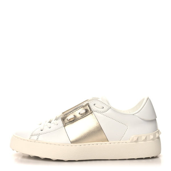 Valentino Garavani Calfskin Rockstud Open Sneakers 36 White Pewter