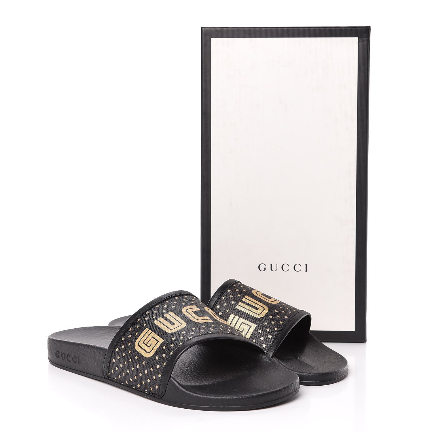Gucci X SEGA Supreme Canvas GUCCY Stars Womens Slide Sandals 39 Black Gold 9 of 9