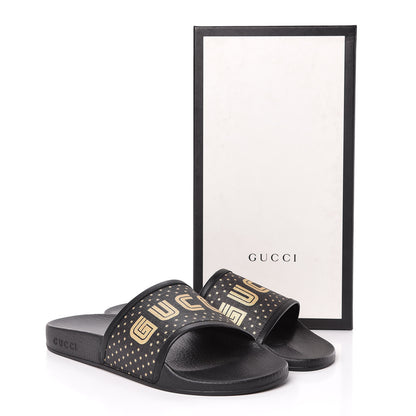 Gucci X SEGA Supreme Canvas GUCCY Stars Womens Slide Sandals 39 Black Gold 9 of 9