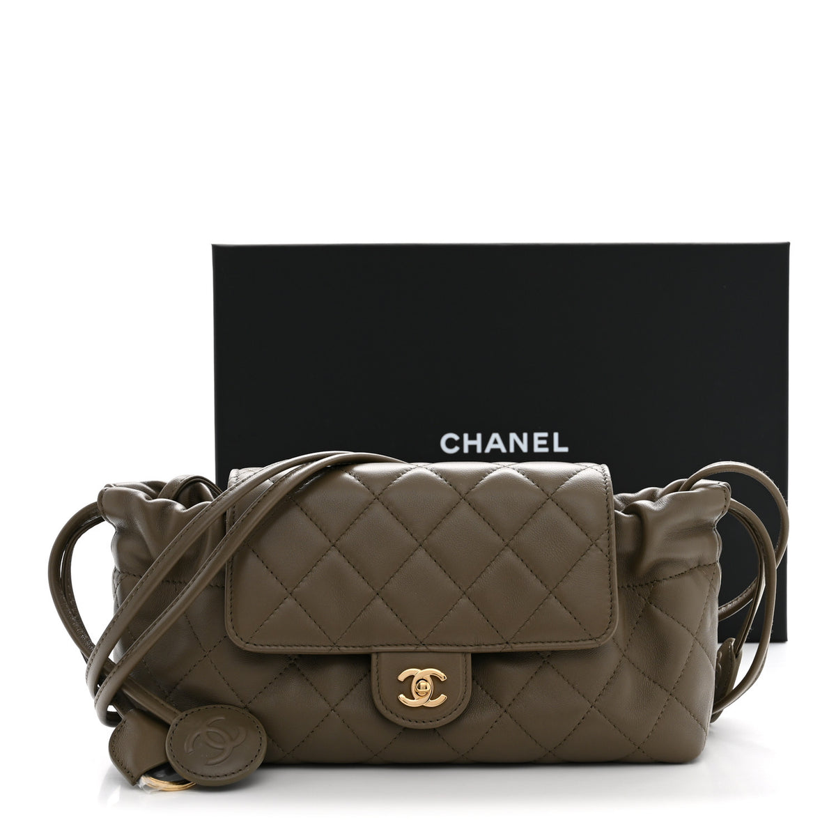 Chanel Lambskin Quilted CC Drawstring Flap Clutch With Strap Dark Khaki 11 of 11